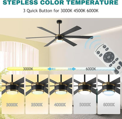 SHOWDI Ceiling Fan with Lights and Remote, 6 Blade App Control Timer Reversible Stepless Brightness and Color Temperature Outdoor Wood Ceiling Fan with Lights (Black-Gold, 72 Inch)