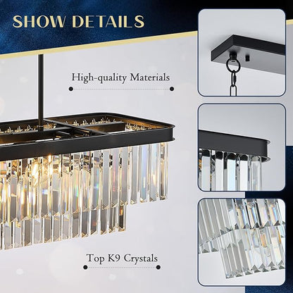 Modern Rectangular Crystal Chandeliers for Dining Room 11 Lights L33.5” Black Rectangle Chandelier Luxury K9 Crystal Ceiling Pendant Light Fixture for Kitchen Island Bar