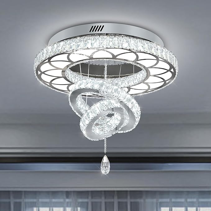 Flashing God Dia 24" Crystal Chandelier Crystal Silver Ceiling Light Fixtures LED Flush Mount Ceiling Light for Living Room Bedrooms Dining Room Dimmable 2700k 4500k 6000k