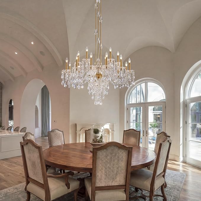 18-Light Crystal Candle Chandelier, Brass Gold Chandelier for Foyer, Staircase & High Ceiling Living Room, Adjustable Height, E12 Base