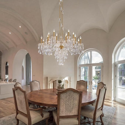 18-Light Crystal Candle Chandelier, Brass Gold Chandelier for Foyer, Staircase & High Ceiling Living Room, Adjustable Height, E12 Base