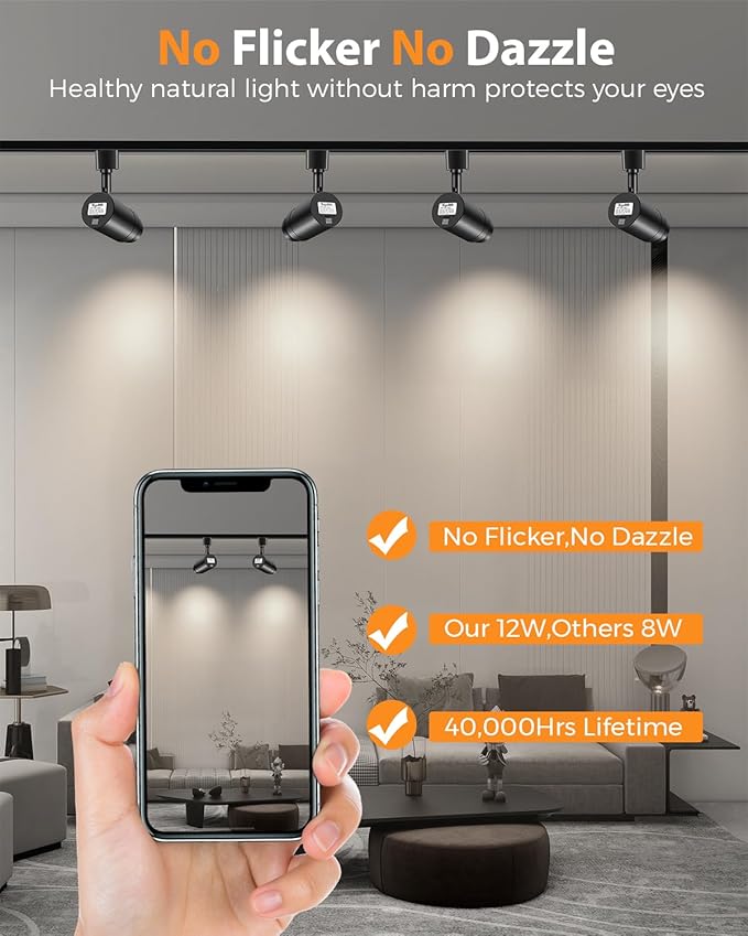 Zoomable H Track Lighting Heads H Type Track Light Heads Dimmable LED Track Lighting Fixtures Ceiling Spot Light, H Style Track Heads for H Track Lighting Rails - Black CRI90 12W 4 Pack 4000K