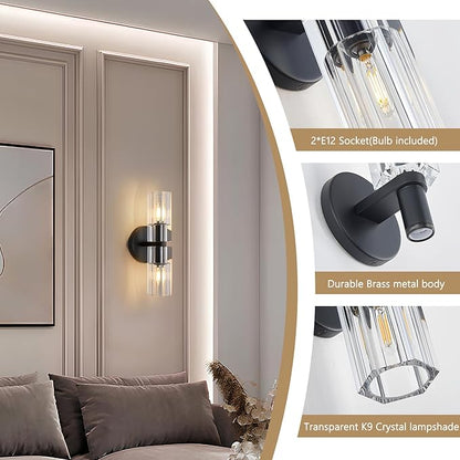 Crystal Wall Sconces Set of Two, 13" Modern Brass Sconces Lighting with K9 Crystal Lampshade,Indoor Wall Sconce Bedroom Wall Light Fixtures for Living Room Bathroom Hallway Stairs Entryway