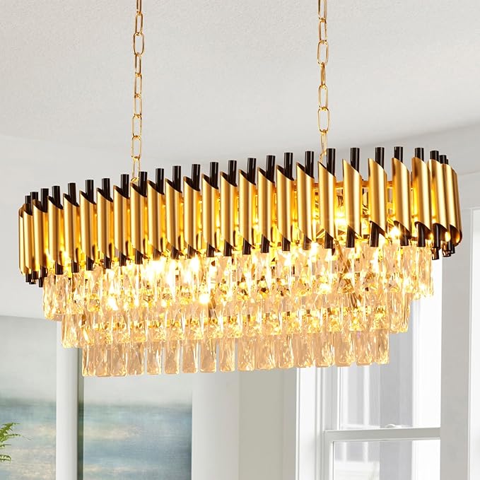 Depuley 31" Crystal Rectangle Chandelier: 3-Tier Gold Glass Crystal Chandelier Island Light Fixtures for Dining Room - 8-Light Linear Pendant Light for Kitchen Island Included Bulbs