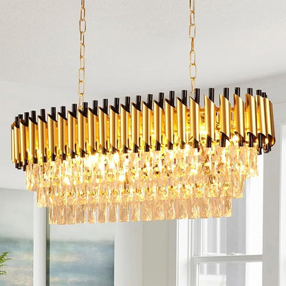 Depuley 31" Crystal Rectangle Chandelier: 3-Tier Gold Glass Crystal Chandelier Island Light Fixtures for Dining Room - 8-Light Linear Pendant Light for Kitchen Island Included Bulbs