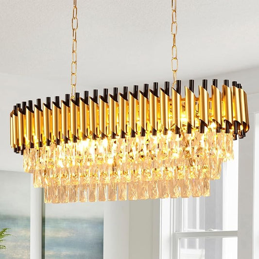 Depuley 31" Crystal Rectangle Chandelier: 3-Tier Gold Glass Crystal Chandelier Island Light Fixtures for Dining Room - 8-Light Linear Pendant Light for Kitchen Island Included Bulbs