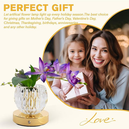 Flower Table Lamp, 3-Color Touch Dimming Orchid Glass Night Light, Rechargeable Artificial Flower Light, Desktop Ambient Light Romantic Gifts for Girls Women Mom (Purple-Ivory Orchid)