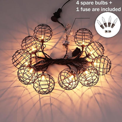 Decorative String Lights Indoor Outdoor, Patio Lantern Style String Lights with 10 Warm White Mini Bulbs, UL Listed Connectable Weatherproof Plug In Lights for Home Decoration(Iron Wire Twist Ball)