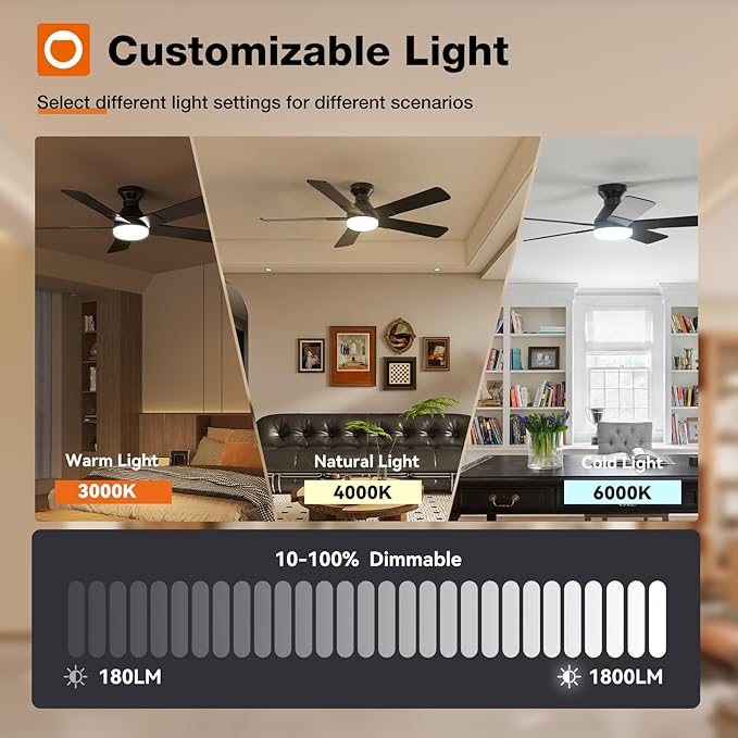 addlon Ceiling Fans with Lights, 52 inch Low Profile Ceiling fan with Light and Remote Control, Flush Mount, Reversible, 3CCT, Dimmable, Noiseless, Black Ceiling Fan for Bedroom, Indoor/Outdoor Use