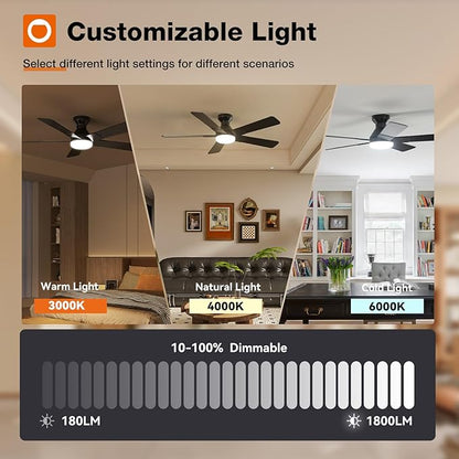 addlon Ceiling Fans with Lights, 52 inch Low Profile Ceiling fan with Light and Remote Control, Flush Mount, Reversible, 3CCT, Dimmable, Noiseless, Black Ceiling Fan for Bedroom, Indoor/Outdoor Use