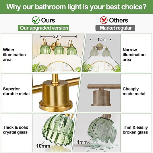 Bathroom Light Fixtures (3-Light, 20 in), Brushed Gold Vanity Lights for Bathroom with Ribbed Green Tulip Glass Shade, Vintage Vanity Wall Lights for Mirror Bedroom Living Room Hallway
