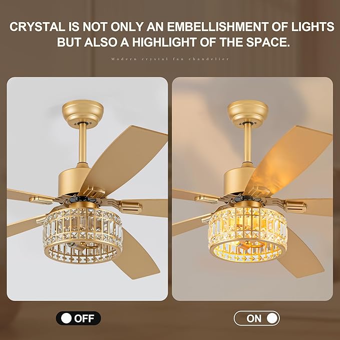 Chandelier Ceiling Fans with Lights and Remote,Caged Ceiling Fan with Light,App 5 Blades E26 Fandelier Ceiling Fans with Lights,Crystal Ceiling Fan for Bedroom,Living Room. (Gold, 60 Inch)
