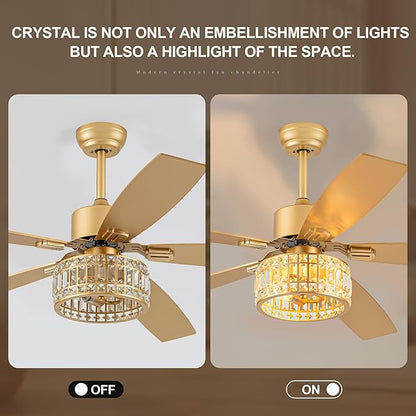 Chandelier Ceiling Fans with Lights and Remote,Caged Ceiling Fan with Light,App 5 Blades E26 Fandelier Ceiling Fans with Lights,Crystal Ceiling Fan for Bedroom,Living Room. (Gold, 60 Inch)