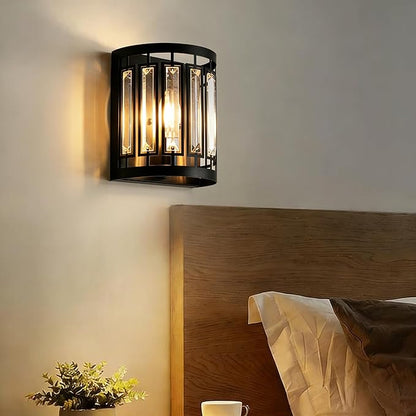 Modern Wall Sconce Set of 2, Crystal Wall Sconces Lighting, Black Wall Light for Bedroom Hallway Living Room