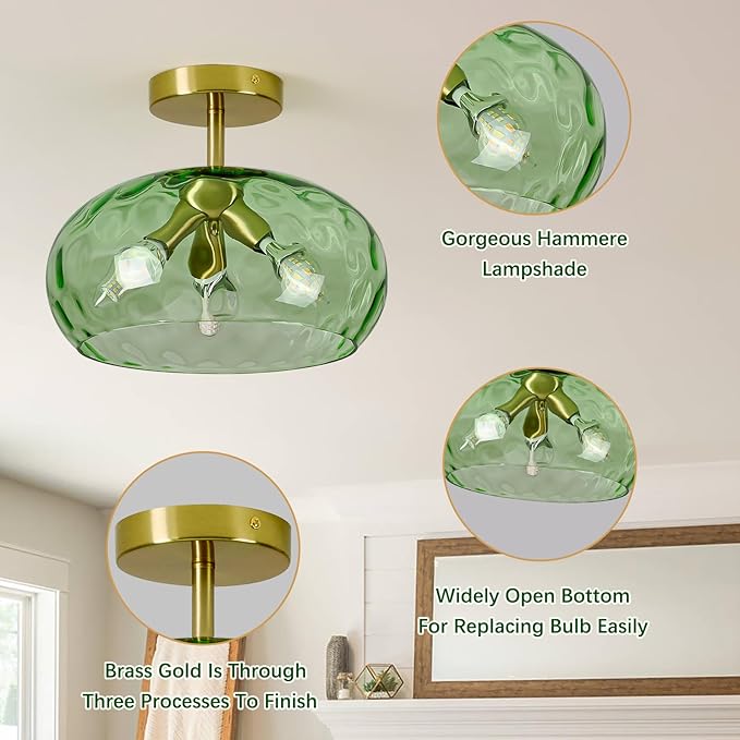 Luafac Green Glass Flush Mount Ceiling Light - 12 Inch Hammered Glass Hallway Light fixtures Ceiling, Vintage Gold Semi Flush Mount Ceiling Light,Mid Century Light Fixture for Bedroom Entryway Kitchen
