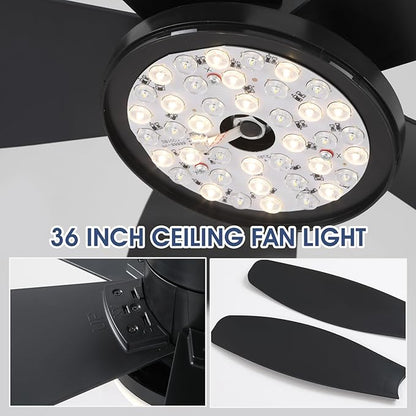 Surtime Ceiling Fans with Lights-36 Low Profile Ceiling Fan with Light and Remote Control,Flush Mount,DC Reversible,LED Dimmable Blakc Ceiling Fans for Bedroom,Indoor/Outdoor Patio Use
