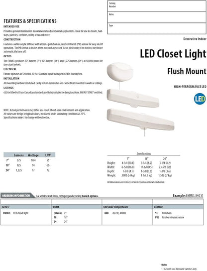 Lithonia Lighting FMMCL 24 840 S1 M4 LED Flush Mount Closet Light with Pull Chain, White, 24"
