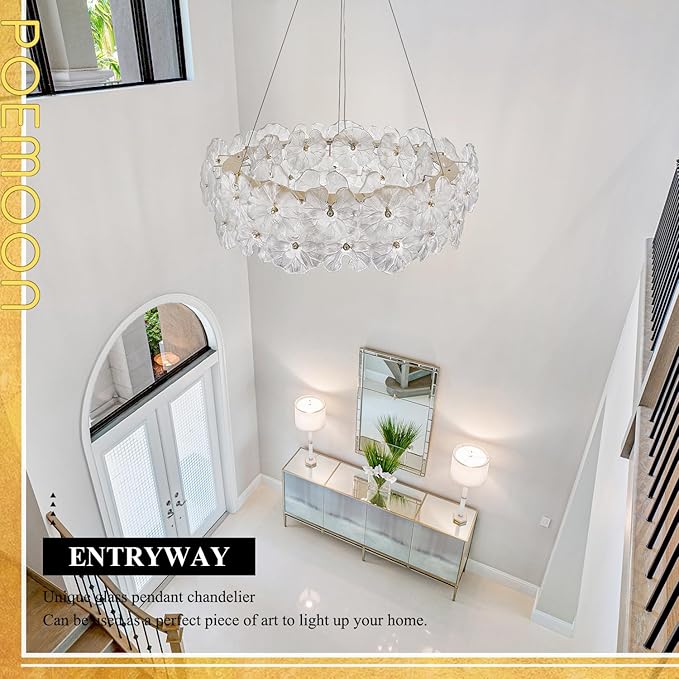 30" Luxury Glass LED Chandelier Modern Gold Dimmable 3000-6500K Large Lotus Leaf Chandeliers Light with Remote Control Contemporary for High Ceiling Living Dining Room Foyer Kitchen Entryway