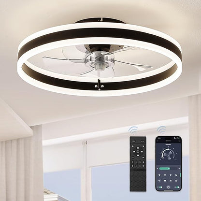 LEDIARY Low Profile Ceiling Fans with Lights, Flush Mount Modern Ceiling Fan and Remote Control, 19.7" LED Ceiling Fans, Stepless Dimmable 3 Colors and 6 Speeds - Black