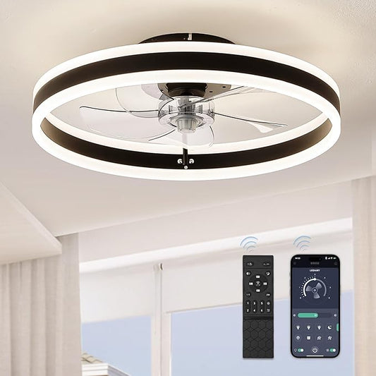 LEDIARY Low Profile Ceiling Fans with Lights, Flush Mount Modern Ceiling Fan and Remote Control, 19.7" LED Ceiling Fans, Stepless Dimmable 3 Colors and 6 Speeds - Black