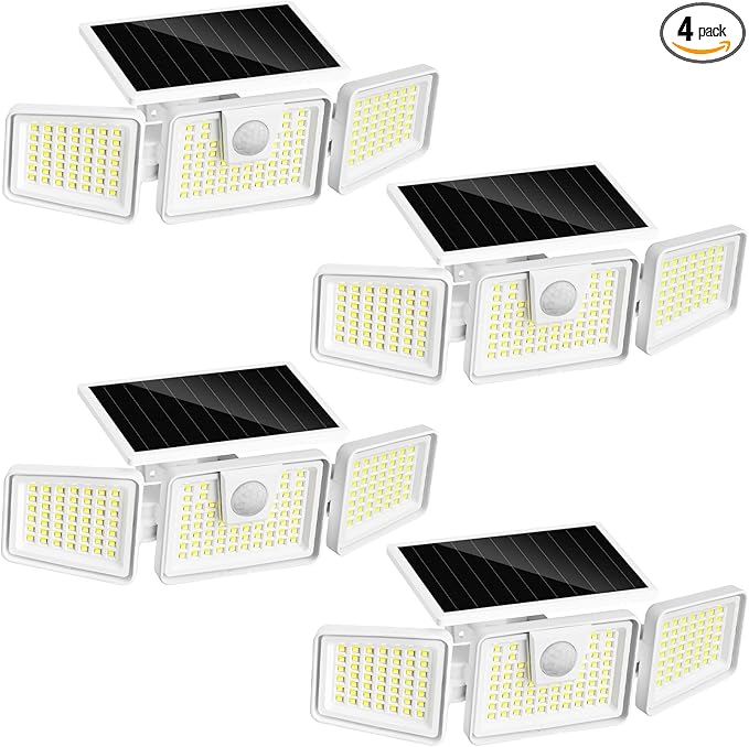 INCX Solar Lights Outdoor with Motion Sensor, 3 Heads Security Lights Solar Powered, 156 LED Flood Light Motion Detected Spotlight for Garage Yard Entryways Patio, IP65 Waterproof, White, 4 Pack.