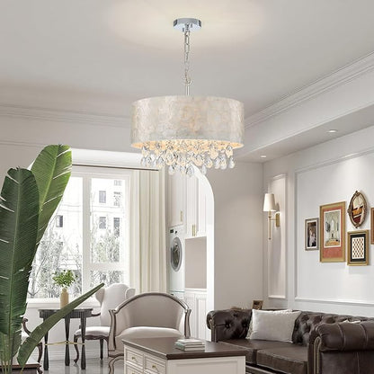 LumFurn 4-Light Drum Capiz Shell Crystal Chandeliers, Coastal Style Pendant Light Fixture for Dining Room, Living Room, D18 x 21~68"(Adjustable), Shell Lampshade & Chrome Finish