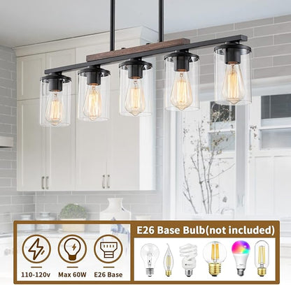 Farmhouse Dining Room Light Fixture, 2026 Upgrade 5-Light Pendant Lights Kitchen Island Lighting, 32.4" Black Farmhouse Chandeliers for Dining Room Chandelier Over Table with Wood Clear Glass Shade