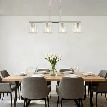4-Light Brushed Nickel Kitchen Island Lighting, Modern Linear Dining Room Chandelier Light Fixtures with Clear Glass and Chain, Mid Century Hanging Lights for Kitchen Island, OS-YQ8153-4ISBNC