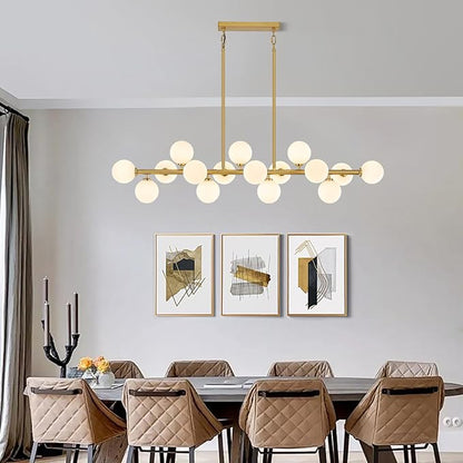 56 Inch Brass Gold Linear Chandeliers for Dining Room, Kitchen Island, Living Room, 16-Light Mid Century Modern Light Fixture Over Table, Large White Glass Globe Sputnik Bubble Chandelier
