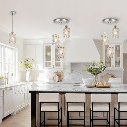 Refice 3-Light Pendant Lights Kitchen Island, Brushed Nickel Kitchen Cluster Hanging Pendant Lights with Clear Glass, Modern Cage Chandelier Light Fixture for Sink Dining Room Bedroom Bar