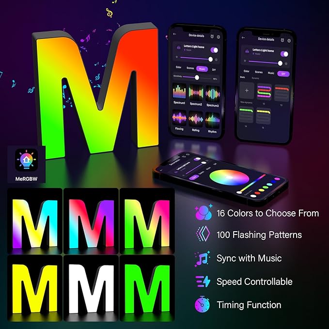Light Up Letters Marquee Letter - Music Sync RGB Color Changing LED Lights Letter Logo Game Lights for Girls Women Party Birthday Christmas Valentine's Day Wall Desktop Decoration (MRGB-M)