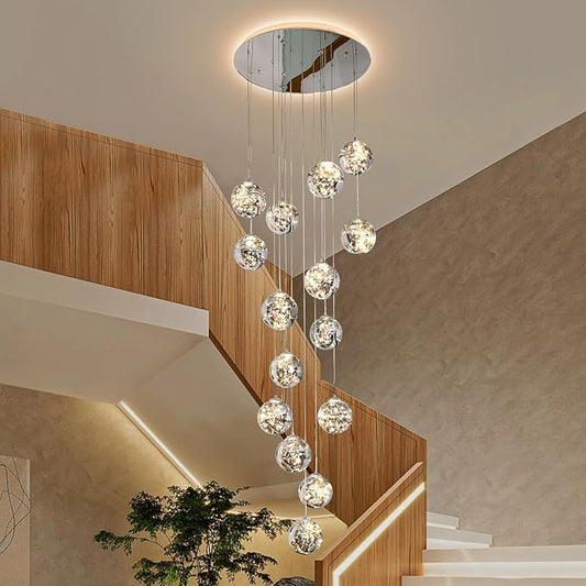 15-Light LED Staircase Chandelier Crystal Ceiling Lights Large Chandeliers for High Ceilings, Entryway Modern Lighting Fixture Villas and Stairs, Adjustable Length 23" W x100 H,75W