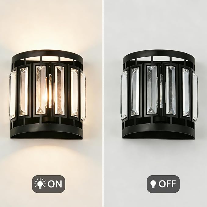 Modern Wall Sconce Set of 2, Crystal Wall Sconces Lighting, Black Wall Light for Bedroom Hallway Living Room