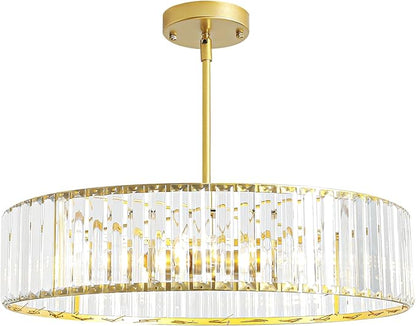 5-Light Gold Crystal Chandelier for Dining Room, Modern Semi Flush Mount Chandelier Lighting Fixtures, Round Kitchen Hanging Drum Pendant Lights Ceiling for Living Room Bedroom Entryway Foyer， 20 Inch