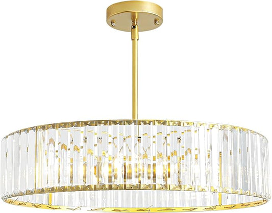 5-Light Gold Crystal Chandelier for Dining Room, Modern Semi Flush Mount Chandelier Lighting Fixtures, Round Kitchen Hanging Drum Pendant Lights Ceiling for Living Room Bedroom Entryway Foyer， 20 Inch