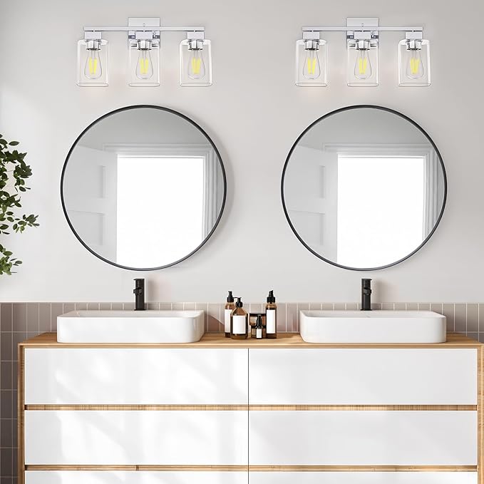 Chrome Bathroom Vanity Light - 3 Light Bathroom Light Fixture Square Design & UL Certification, Bath Room Lighting Fixtures Over Mirror, Modern Vanity Lighting Fixture for Living Room
