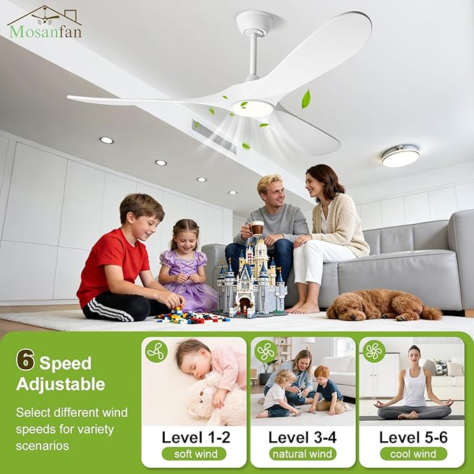 60 Inch Ceiling Fans with Lights and Remote, Wood Outdoor Ceiling Fan with 6 Speed Noiseless DC Motor, Indoor Modern 3 Blade Propeller Ceiling Fan for Bedroom Living Room Gazebo Patio (White)
