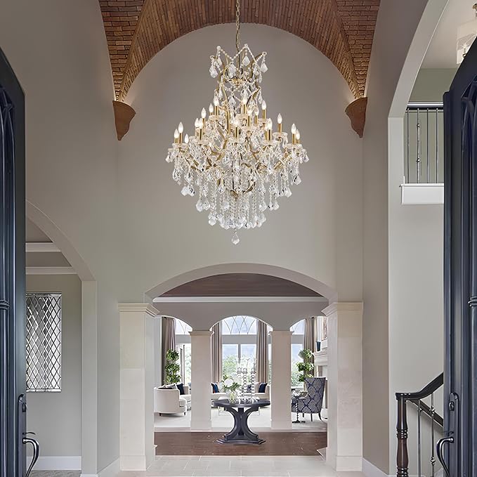 24 Lights Large Crystal Chandeliers for High Ceilings Brass Maria Theresa Chandelier Modern Chandelier Light Fixture for Foyer Living Room Hallway Entryway Staircase 55.1" H x 39.4" D