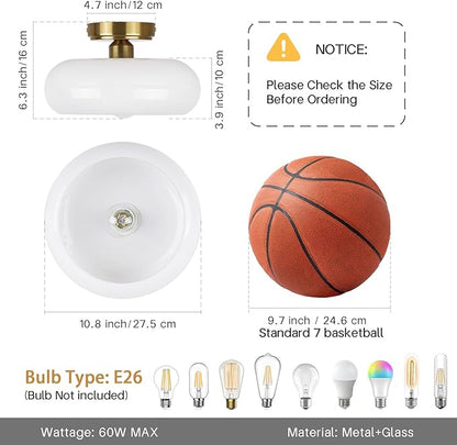 Semi Flush Mount Ceiling Light Fixture, 11'' Vintage Mid-Century Gold with White Milk Glass Shade, Modern Farmhouse Lighting for Kitchen, Hallway, Bedroom, Foyer, Laundry Room, Schoolhouse
