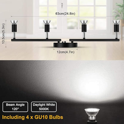 Ascher 4-Light LED Track Lighting Kit, Flexibly Rotatable Light Heads, 4 Way Ceiling Spotlight Black Finish, Including 4 GU10 LED Bulbs (4W 400LM Daylight White 5000K)