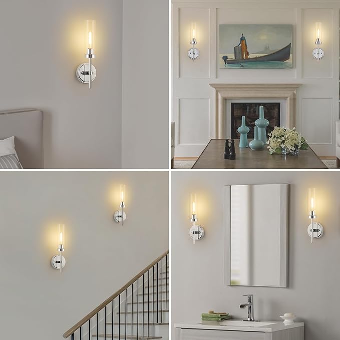 WILON Modern Wall Sconces 2 pcs, Bathroom Light Fixture with Long Clear Glass Shades, Indoor Siver Wall Lamp for Vanity Mirror Bedroom Living Room Bedside Hallway Corridor Stairs, Chrome