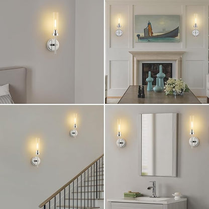WILON Modern Wall Sconces 2 pcs, Bathroom Light Fixture with Long Clear Glass Shades, Indoor Siver Wall Lamp for Vanity Mirror Bedroom Living Room Bedside Hallway Corridor Stairs, Chrome