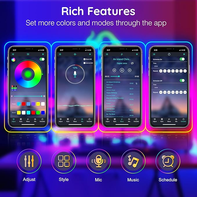 FBZ 200Ft Led Rope Lights, Flexible Neon Lights Control with App/Remote, Multiple Modes, IP65 Outdoor RGB Waterproof, Music Sync Gaming Light Strip for Bedroom Decor (32.8FT)