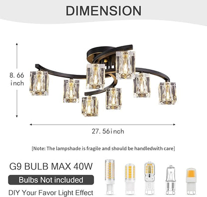 8-Light Semi Flush Mount Ceiling Light, Black and Gold Ceiling Fixture, Farmhouse Dining Room Light Fixture with K9 Crystal Shade, Modern Chandelier for Living Room,Bedroom,Entryway