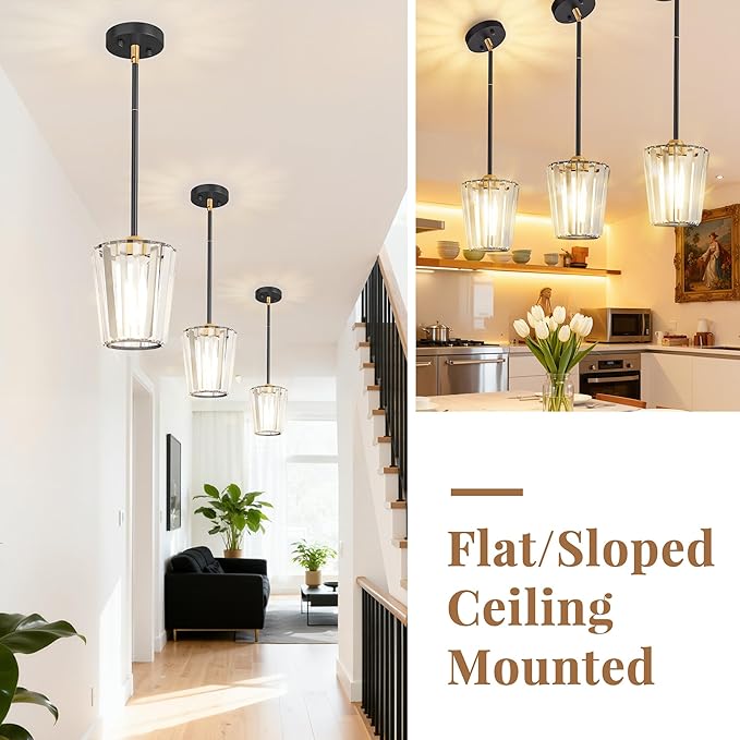 3 Pack Crystal Pendant Lights Kitchen Island - Modern Black and Gold Pendant Light Mini Adjustable Hanging Pendant Lights for Kitchen Island Dining Room Foyer Hallway