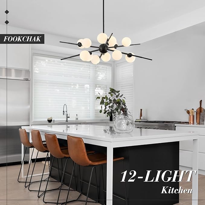 Large Black Sputnik Chandelier 39in 12-Light Frosted Glass Chandelier Light Fixture Mid-Century Modern Molecular Chandeliers for Living Room Dining Room Foyer Kitchen Bedroom