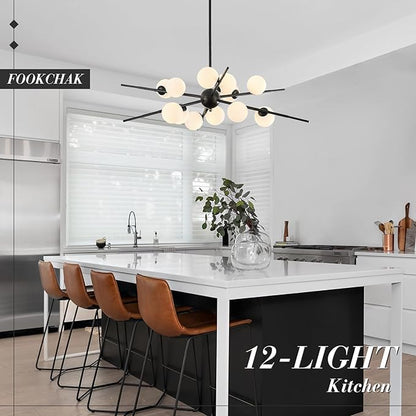 Large Black Sputnik Chandelier 39in 12-Light Frosted Glass Chandelier Light Fixture Mid-Century Modern Molecular Chandeliers for Living Room Dining Room Foyer Kitchen Bedroom