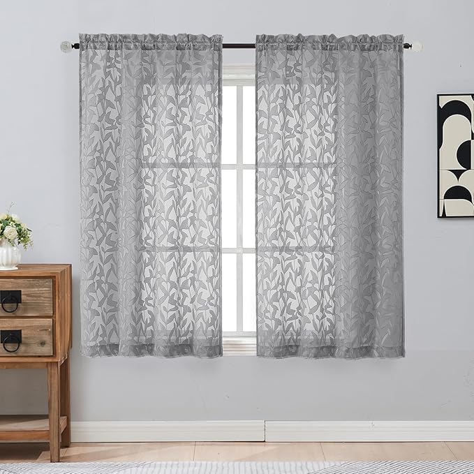 Gwine Charcoal Grey Sheer Curtain 54 Inch Length for Living Room 2 Panels, Light Filtering Leaf Jacquard Clip Textured Curtains for Bedroom, Soft Airy Farmhouse Rod Pocket Window Curtain, 42" Wx54 L