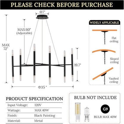 12 Light Black Chandelier Modern Kitchen Chandeliers Adjustable Arms Chandeliers Light Fixture Over Dining Table Comtemporary Metal Hanging Lights Fixture for Bedroom Entry Bathroom, G9