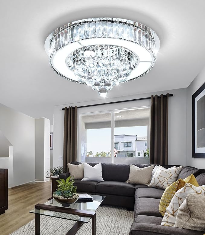 19.6" Silver Modern Crystal Chandeliers for Dining Room LED Dimmable Light Fixtures Flush Mount Light Living Room Bedrooms